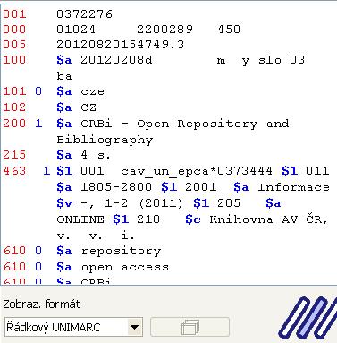 Ve chronologii se zobrazuje pouze formát řádkový UNIMARC.