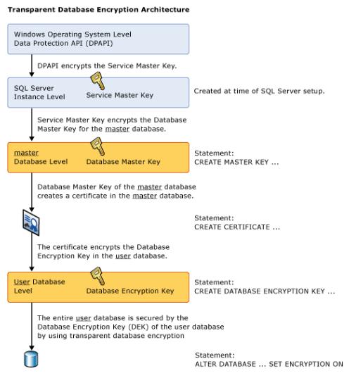 Studie 11.1.25 SQL SERVER TRANSPARENT DATA ENCRYPTION (TDE) Obr. 24 Schéma architektury TDE Transparent Data Encryption šifruje databázové soubory v reálném čase.