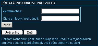 Lokální administrátor obce Sobotín zadá do polí zkratku subjektu pro město Šumperk a číslo uzavřené smlouvy s městem Šumperk. Volitelně může zadat důvod předání působnosti.