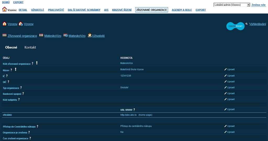 Zobrazí se obrazovka s údaji dané zřizované organizace: Údaj zřizované organizace změníte po kliknutí na odkaz Upravit v pravé části obrazovky.