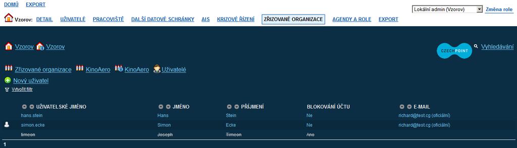 3.9 Správa uživatelů zřizovaných organizací 3.9.1 Zobrazení seznamu uživatelů zřizované organizace V horním menu klikněte na položku Zřizované organizace. Zobrazí se seznam zřizovaných organizací.