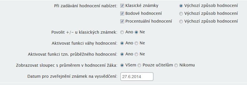 a událostí. I ty si však škola může dále upravit podle svých představ. Jednotlivé součásti pro nastavení jsou k dispozici v levém sloupci, tu kterou vždy pro další nastavování zvolíte klepnutím myši.