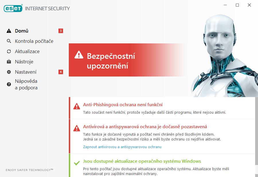 V tomto okně dále naleznete odkazy na často používané funkce ESET Internet Security a informace o poslední aktualizaci modulů. Co dělat, pokud systém nepracuje správně?
