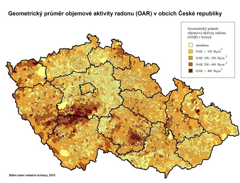 Obrázek č. 11: Geometrický průměr objemové aktivity radonu (OAR) v obcích České republiky [24] 3.