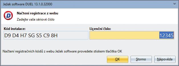 tuto potvrďte. Vyplňte údaje, které se odešlou pro vygenerování kódů. Povinné je políčko Licenční číslo. Údaje na obrázku jsou pouze ilustrační!