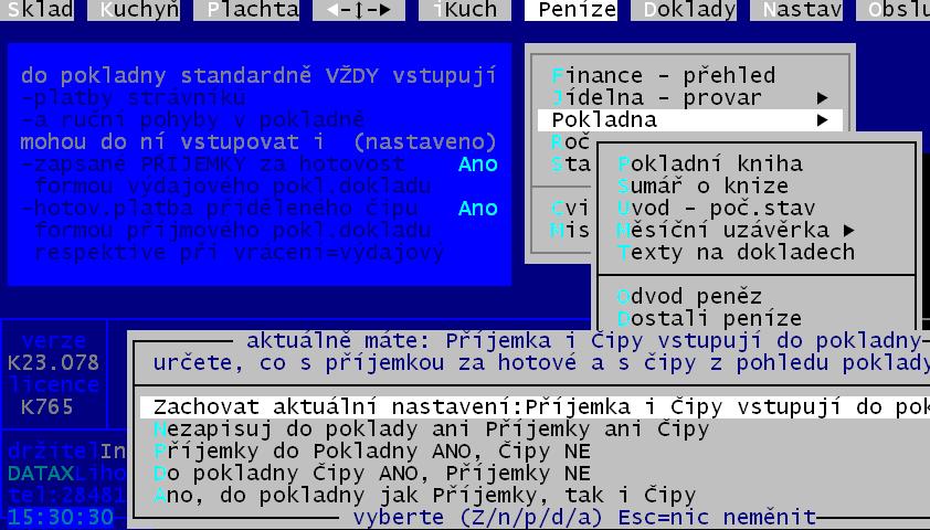 V rámci hlavní obrazovky se zobrazuje informace o aktuálním stavu pokladny. Uživatel má možnost, vybrat si při tisku, jeden ze dvou typy pokladních dokladů.