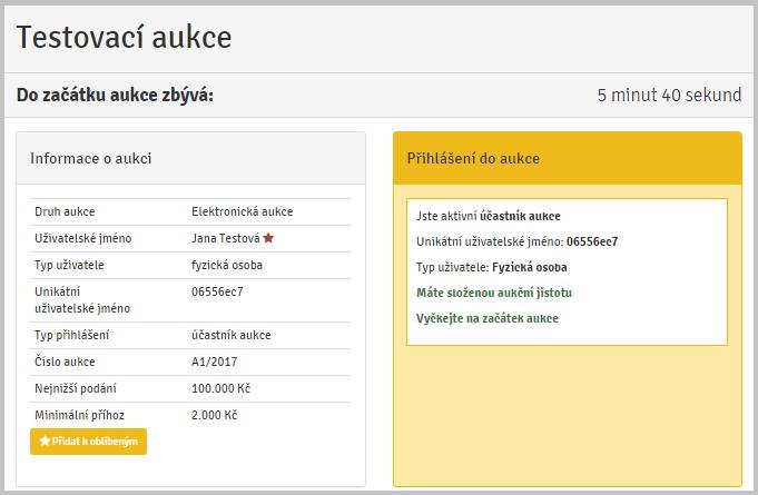 VI. PRŮBĚH AUKCE PŘED ZAHÁJENÍM AUKCE: Zájemce o aukci by se měl minimálně hodinu před zahájením aukce přesvědčit, zda je v příslušné aukci schváleným účastníkem Jste aktivní účastník aukce. 1.