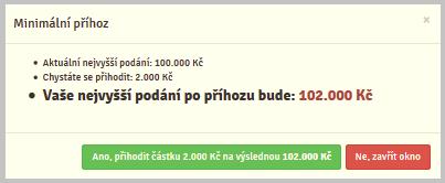 3. Minimální příhoz lze provést tlačítkem Provést minimální příhoz: *** Kč. Výše minimálního příhozu je stanovena organizátorem. 4.