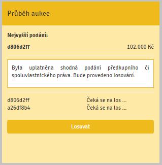 LOSOVÁNÍ: 1. V případě, že se aukce účastní více účastníků, kterým svědčí předkupní právo a toto právo uplatňují současně tím, že dorovnali učiněnou nejvyšší nabídku, o vítězi se rozhodne losem. 2.