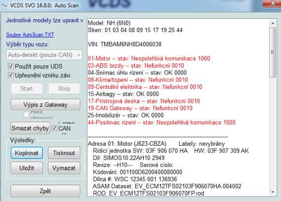 parametry včetně stavu jednotky a případně také chybové kódy, uložené v paměti závad. Obr.