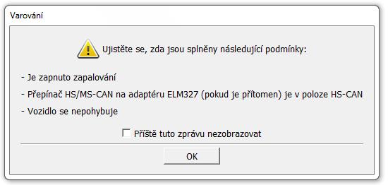 Obr. 40 Upozornění na podmínky diagnostiky Po potvrzení upozornění, poklepem na tlačítko OK, je uživatel přesměrován na základní obrazovku programu.