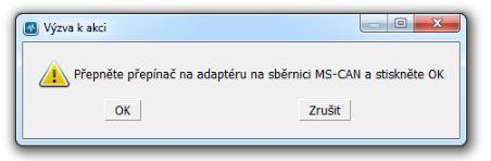 Obr. 42 Výzva k přepnutí přepínače do polohy MS-CAN Po potvrzení výzvy tlačítkem OK je na základní obrazovce v části záznam vypsán seznam se všemi nalezenými ŘJ včetně stručného popisu. Obr.