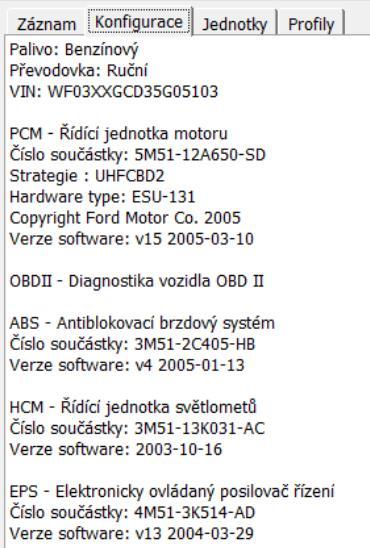 Obr. 44 Příklad zobrazených informací o vozidle Jednotky obsahuje seznam nalezených ŘJ včetně popisu systému a informací o umístění na konkrétní sběrnici (HS/MS-CAN). Obr.
