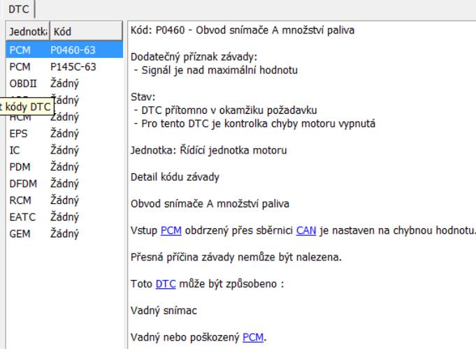 Obr. 46 Příklad detailu chybového kódu Spodní část obrazovky nabízí několik tlačítek. Jejich význam je popsán zleva doprava. První tlačítko umožňuje načtení chybových kódů.