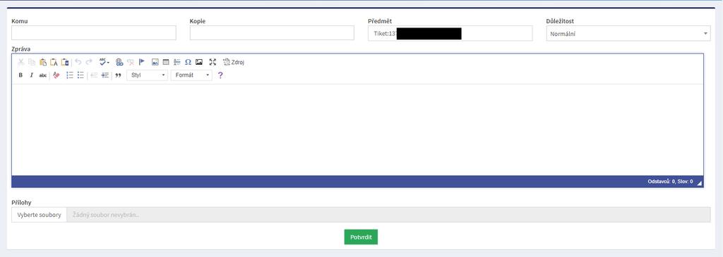 Odeslání e-mailu Tlačítko (poslat e-mail) umožňuje zasílat e-maily přímo z tiketu.