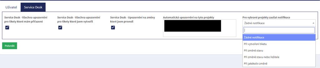 Pokud chce uživatel dostávat i notifikace o tiketech které nevytvořil, ani u nich není řešitelem, může si navolit v poli Automatická upozornění na tyto projekty projekty, z kterých očekává notifikace