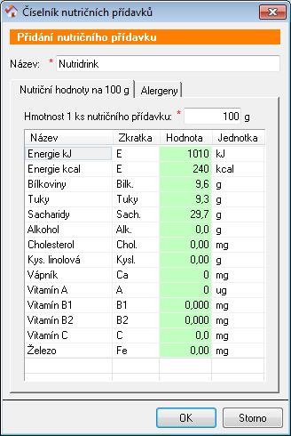 Tlačítkem Načíst nutriční hodnoty provedete načtení nutričních hodnot dle zadaných záznamů a jídelního lístku z modulu Strava. Tlačítkem Opravit příjem za daný den. můžete editovat nutriční 10.