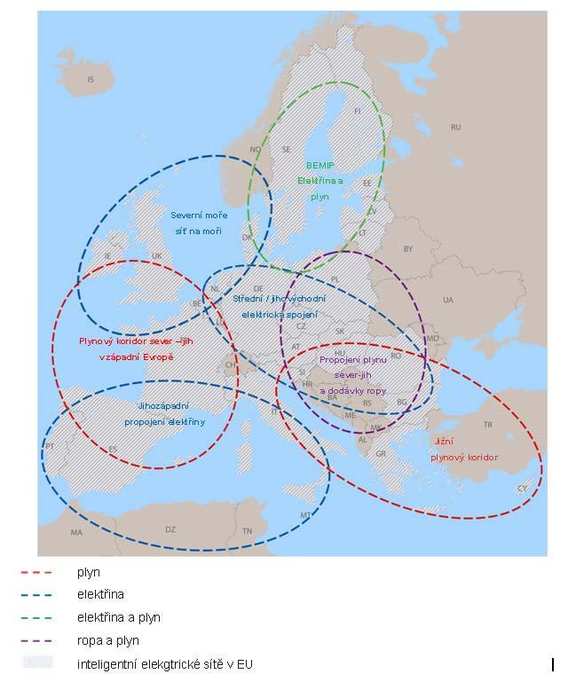 Mapa 1: Prioritní koridory pro elektřinu, plyn a ropu 2.