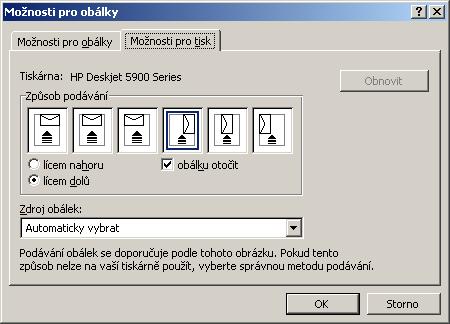 možnosti pre obálky a v karte Možnosti pro tisk