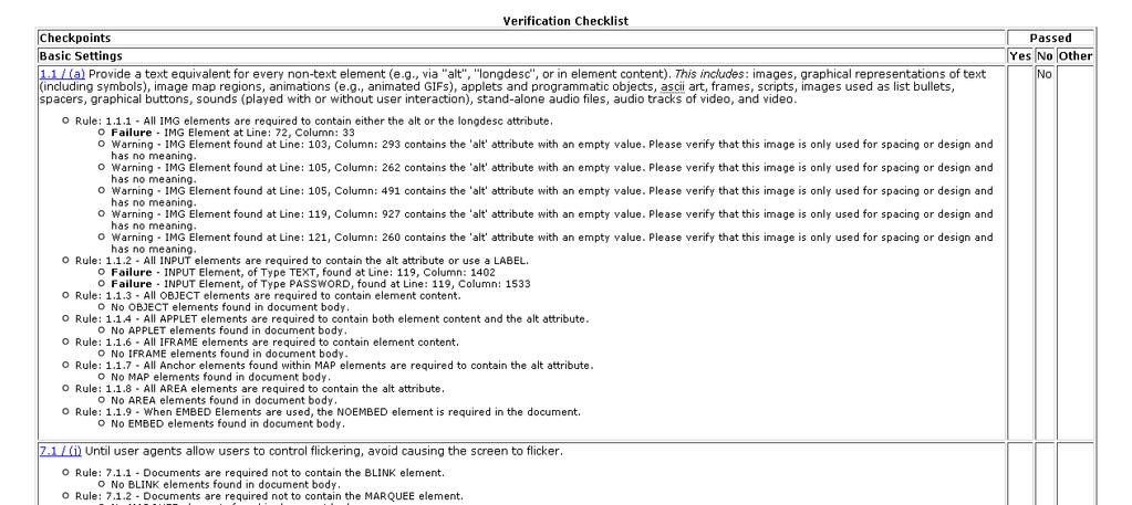 Kontrola přístupnosti systému Moodle Obrázek 12 - Kontrola verze 1.6.4 nástrojem Cynthia Says metodikou WCAG 1.