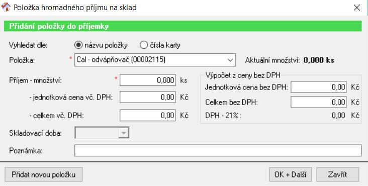 1. Příjemka Pro přidání příjemky klepněte na tlačítko Přidat a vyberte položku Hromadný příjem. Otevře se okno, ve kterém nejdřív vyplňte hodnoty v záhlaví.