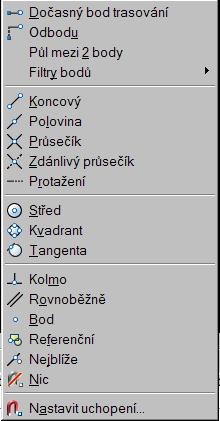 Obr.: Plovoucí menu Tip: Nenastavujte uchopení na vše, při složité kresbě AutoCAD nedělá nic