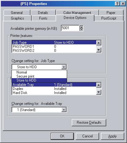 Emulace jazyka PostScript 1. V okně ovladače na kartě Device Options (Možnosti zařízení) vyberte možnost Store to HDD (Uložit na pevný disk) (1). 1 1 2 2.