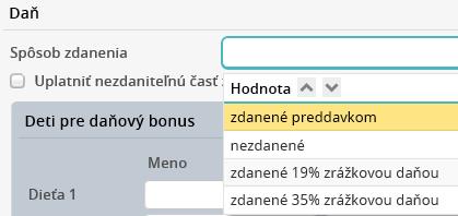 Výber typu zdaňovania Pri výbere zákona pre odmeňovanie Zákon o športe sa v časti Daň formulára Novej osobnej karty zobrazí políčko Spôsob zdanenia, v ktorom má užívateľ k dispozícii na výber položky