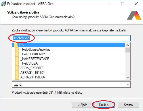 Dále se volí cesta, kam se má ABRA Gen nainstalovat. Stačí potvrdit předvyplněnou: Poznámka: Nedoporučujeme systém ABRA Gen instalovat do cesty ProgramFiles.