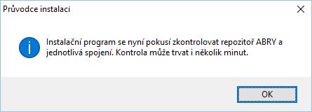 8. Po stisku tlačítka Další se zobrazí upozornění, že bude zkontrolována repozitoř a spojení na databázi: Mj.