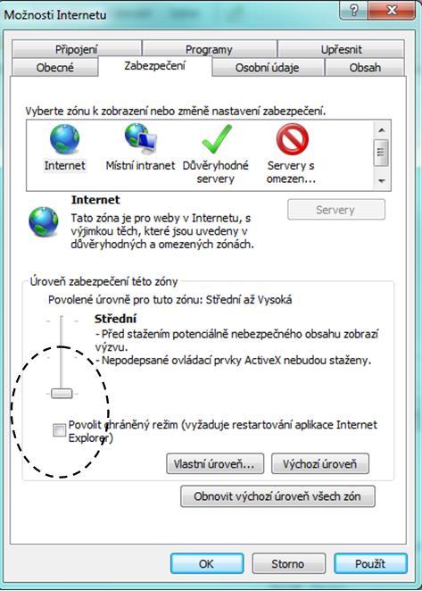 Zkontrolovat bezpečnostní nastavení internetového prohlížeče, zda vám neblokuje nebezpečné části obsahu webu, v prohlížeči MS Internet Explorer (viz.