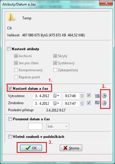 Až soubor/složku s chybným datem nalezneme, je třeba toto datum