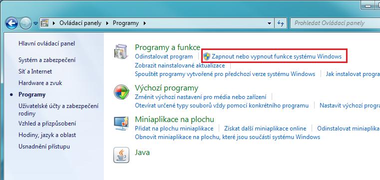 6. Pod položkou Programy a funkce v horní části obrazovky, vyberte položku Zapnout nebo vypnout funkce