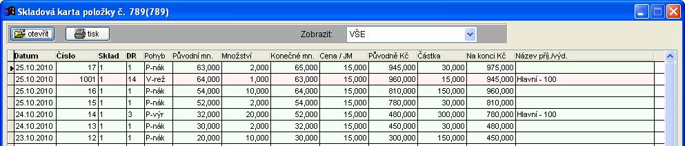 Nástrojová lišta obsahuje tlačítka pro tisk (možnost výběru tvaru sestavy) nebo export stavu skladu, možnost výběru skladu pomocí rolovacího seznamu, zobrazení celkové hodnoty materiálu na skladě a