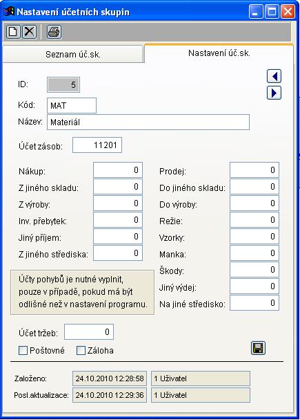 Nastavení úč.sk. Na záložce Nastavení úč.sk. můžeme zadat kód (zkratku) skladu, název a číslo účtu zásob.