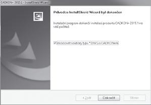 Po zkopírování zvolených součástí CADKONu+ Stavební konstrukce na disk je zobrazen závěrečný dialog Průvodce InstallShield Wizard byl dokončen.