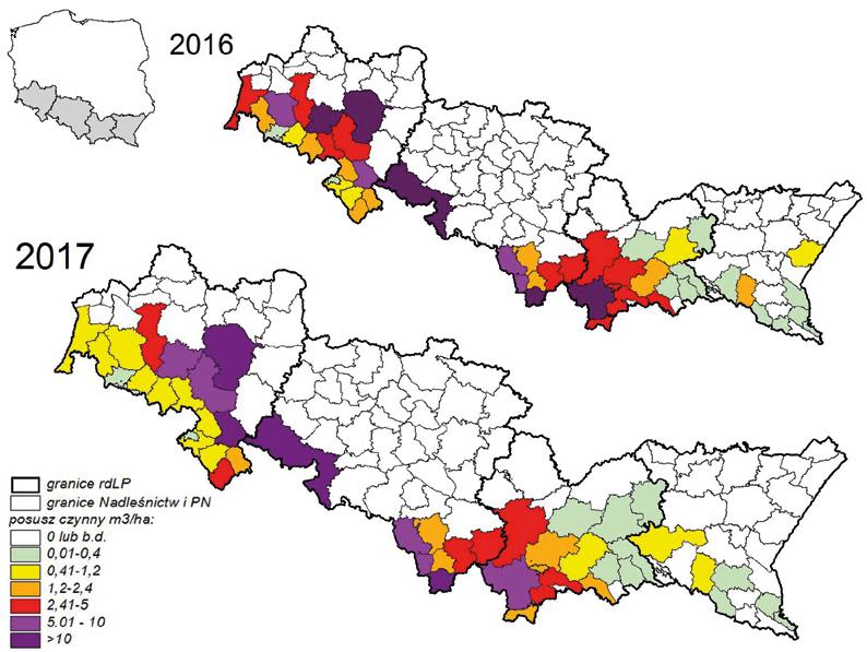 svazek 21/2018 Zpravodaj ochrany lesa Ryc. 5: Nasilenie wydzielania się posuszu czynnego w latach 2016-2017 w poszczególnych nadleśnictwach górskich Polski Adresy autorů: Dr hab.