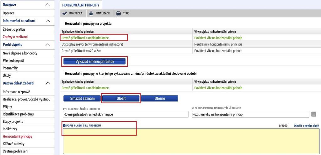 Postup při vyplňování ZoR/IoP/ZoU v ISKP Záložka Horizontální principy je relevantní
