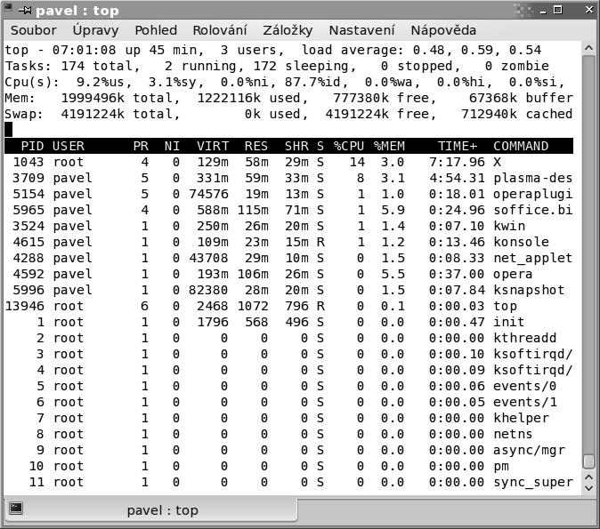 Strom procesů 177 Obrázek 8.1: Co zatěžuje procesor Zajímavý může být parametr -u pavel. Zadáním tohoto parametru a jména uživatele budete zkoumat procesy spouštěné konkrétním uživatelem.