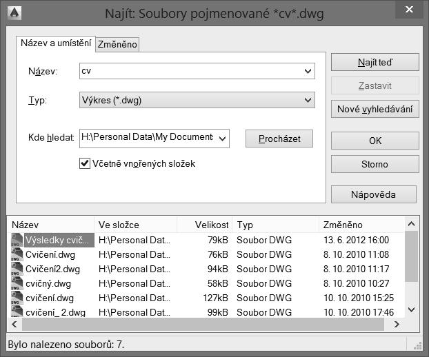 AutoCAD Tour Práce s výkresovými soubory Obrázek 1.19 Dialog Najít Poznámka: Více se o pojmenovaných pohledech dozvíte v kapitole 26, Nastavení nového rozvržení.