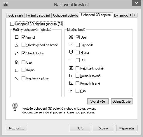 Kapitola 3 Přichycovat USS k rovině akt. těles Obrázek 3.20 Dialog Nastavení kreslení, karta Uchopení 3D objektů Přichycovat USS k rovině aktivních těles Funkce také známá pod zkratkou DUSS.
