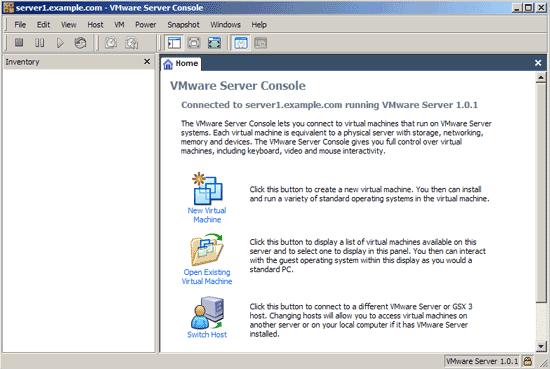 Obr. č. 23 - VMware Server Console Nový virtuální počítač vytvoříme kliknutím na New Virtual Machine a následováním pokynů průvodce.