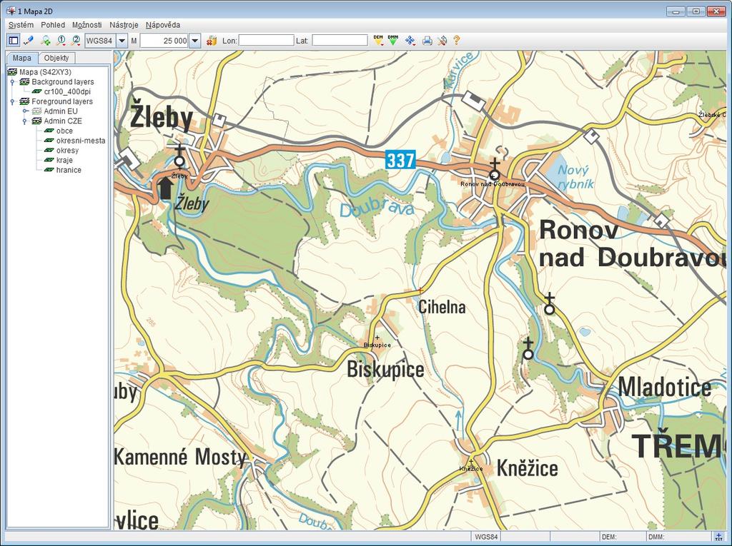 Mapa 2D - GIS mapový systém Mapový systém umožňuje zobrazení rádiových objektů (stanoviště, vysílače, skoky,...) a výsledků výpočtů (diagramy viditelnosti a pokrytí,.