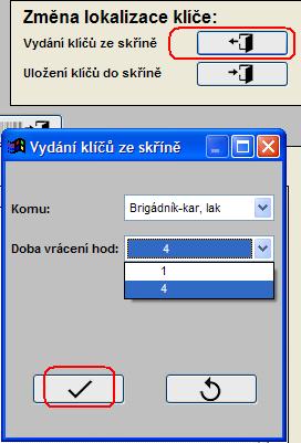 Při vrácení klíče do skříně, zvolí uživatel Uložení klíčů do skříně.