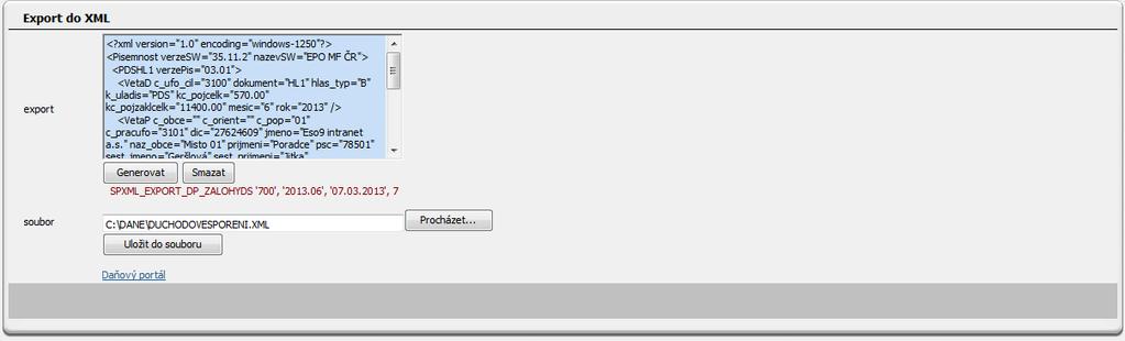 Tlačítkem Generovat vygenerujeme soubor xml. Zadáme nebo tlačítkem Procházet najdeme cestu, kam chceme uložit soubor xml a tlačítkem Uložit do souboru soubor uložíme.