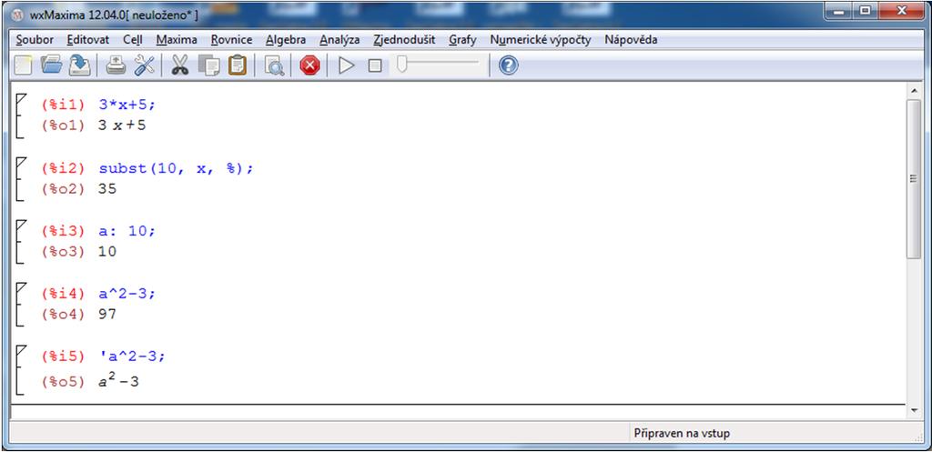 Substituce Chceme-li provést substituci ve výrazu, použijeme příkaz substituce. Buď jej zapíšeme přímo do vstupní řádky, nebo, častěji, vložíme z panelu nástrojů (tlačítko Subst...) či z menu.