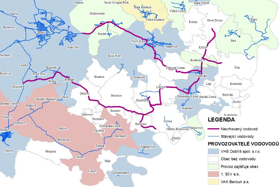 přes Zábornou Lhotu s ukončením ve vodojemu pro Nový Knín. Stávající kubatura vodojemu bude rozšířena.