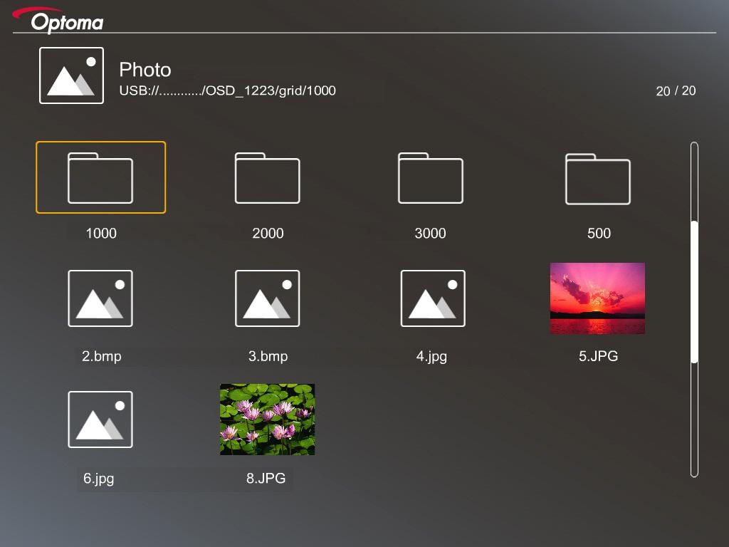 Foto Stisknutím t, u,p nebo q vyberte fotografii a potom stisknutím tlačítka na klávesnici projektoru nebo tlačítka Enter na dálkovém ovladači přejděte na ovládání prohlížeče fotografií.
