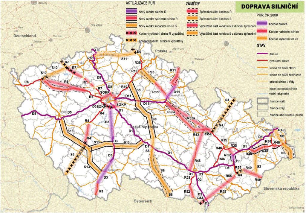 . ANALYTICKÁ ČÁST Obrázek 5 Hlavní železniční koridory dle Politiky územního rozvoje (2008), návrhu aktualizace č. 1 (2014) Politika územního rozvoje definuje hlavní silniční (viz Obr.