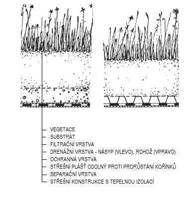 Obr. 4: Obecná skladba souvrství vegetační střechy [5] Některé vrstvy mohou být v určitých případech vynechány, případně jedna vrstva může plnit najednou více funkcí (hydrofilní minerální vaty